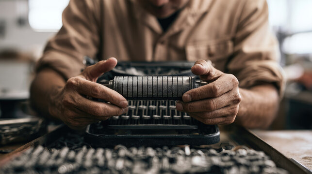 Craftsperson holding refurbished steel platen roller over organized typewriter parts in antique repair workshop, with soft daylight and detailed hands conveying focused analog restoration work
