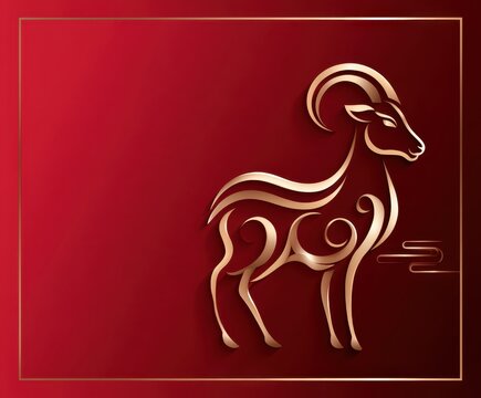 Chinese Zodiac Animal Goat Illustration in Golden and Red Color and Copy Space.
