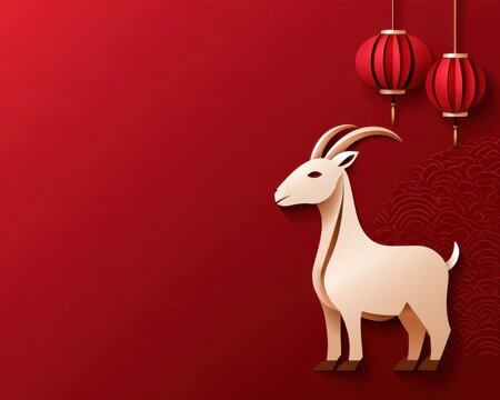Chinese New Year Background with Hanging Lantern and Goat in Paper Cut Style.