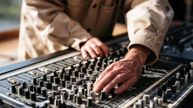 Audio mixer audio technician mixing desk control panel hand beige tunic studio interior