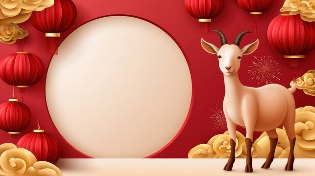 Chinese New Year with Cartoon Goat, Hanging Lantern and Clouds Illustration on Red Copy Space.
