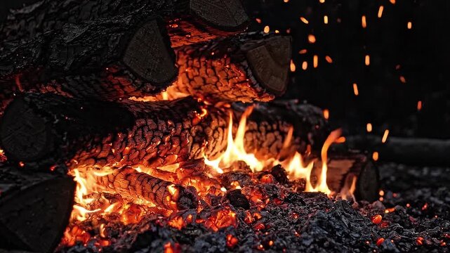 Burning logs flare as sparks rise and settle over glowing embers. Campfire, firewood and outdoor warmth. Combustion, heat and energy concept. Flame and ember texture.