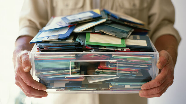 Vintage floppy disk collection in clear storage box held by collector wearing beige work clothing, creating nostalgic archival emotion in soft studio light