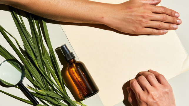 Mosquito biting human skin top down flat lay forearm beside amber insect repellent bottle green leaf and magnifier