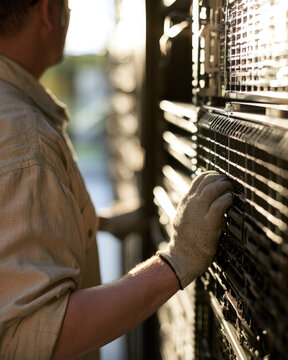 Abandoned server room rack technician linen shirt work glove examining empty blade slot under sunlight