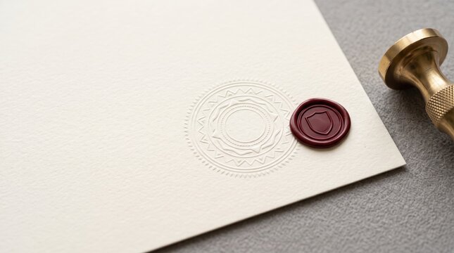 Close-up of a red wax seal with a shield emblem on textured paper, next to a vintage brass stamp handle, symbolizing official authentication, security, contracts