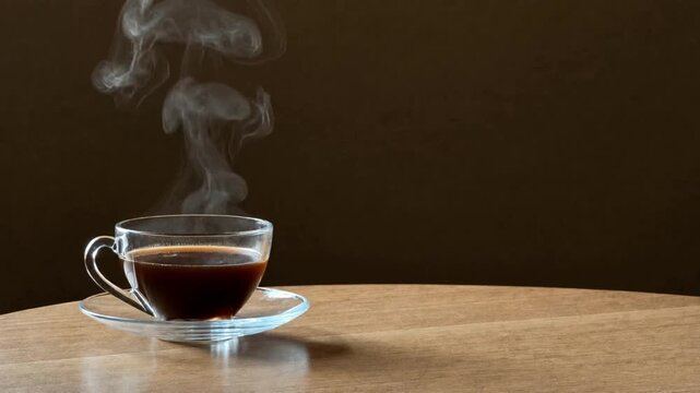 Steam rising from black coffee in a clear glass cup on a wooden table