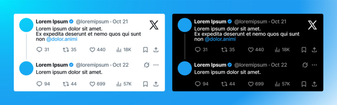 X replies post template set. Isolated social media X twitter reply posts frame on blue background. Light and dark UI design concept. Vector illustration.