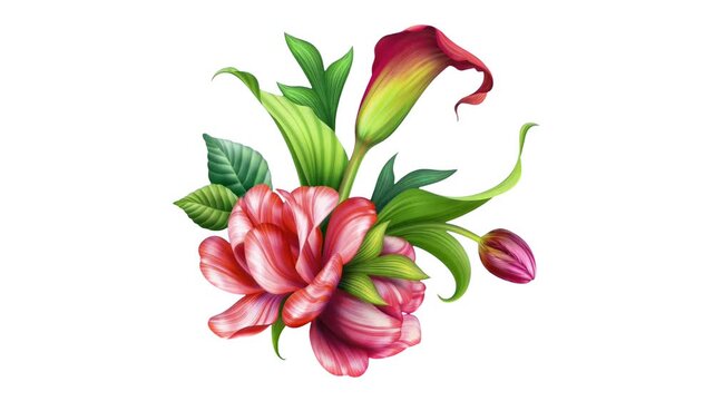 Pink tropical flowers grow from nothing and bloom into a delicate arrangement. Curved buds and fresh green foliage unfold on a white background.
