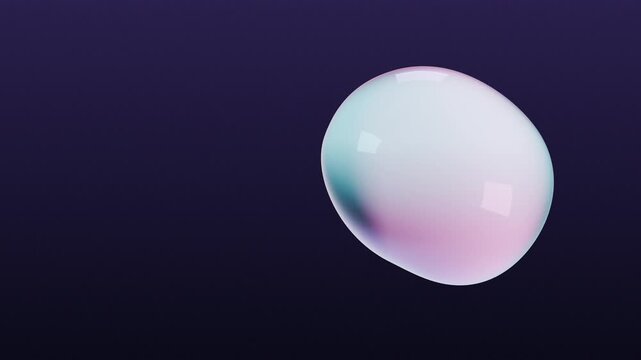 Iridescent glass blob with pastel blue and pink reflection, glossy rounded sphere floating against dark purple background