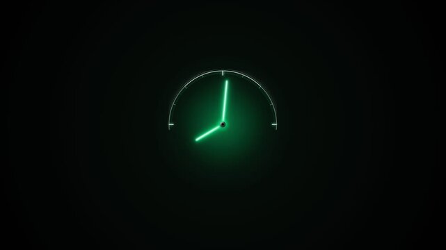 A glowing green analog timepiece with luminous hands indicates the passing hours inside a dark environment while creating a mesmerizing ambiance for viewers watching the luminous timer display
