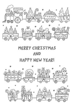 Merry Christmas and Happy Holidays coloring page. Cute cartoon Christmas in doodle style. Printable Christmas coloring book
