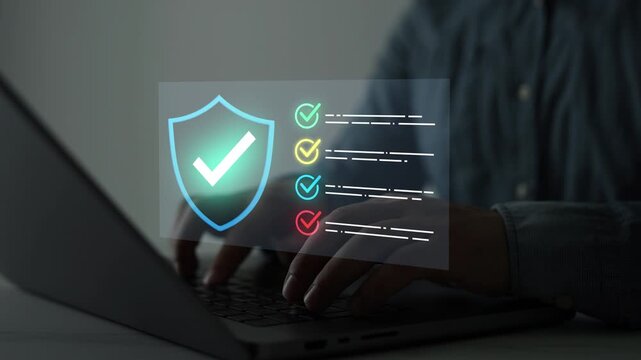 Digital checklist for business compliance, task management, document review and quality assurance with verification marks and approval status.