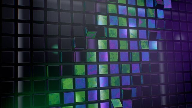 Black chrome cube wall rotating in checker wave with iridescent violet and green oil slick faces