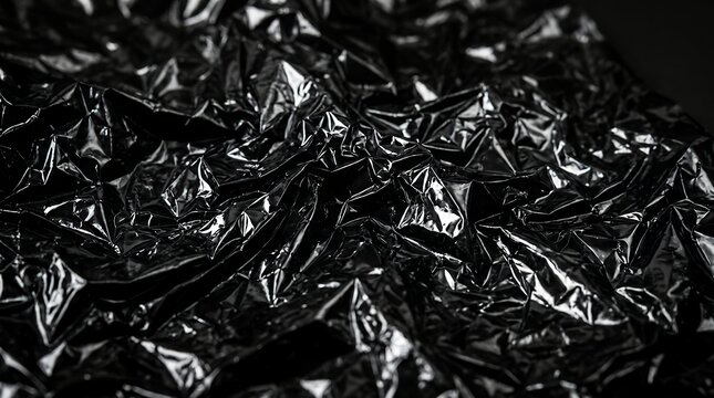 Abstract crumpled crinkled black plastic foil sheet texture with glossy wrinkled surface and shiny silver metallic reflective light highlights for dark modern packaging graphic design backdrop black