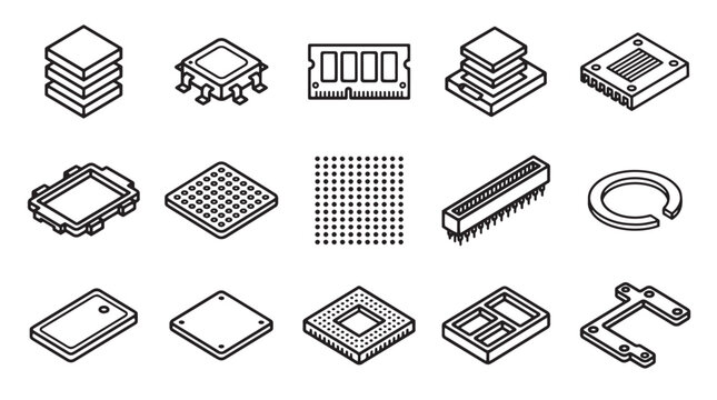 Isometric computer hardware icon set, 15 black line art vector elements of CPU and RAM, microchip and processor components for tech diagrams.