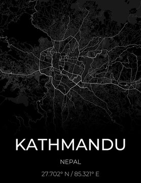 Black poster featuring a black and white map of Kathmandu, Nepal, with streets, districts and road network.