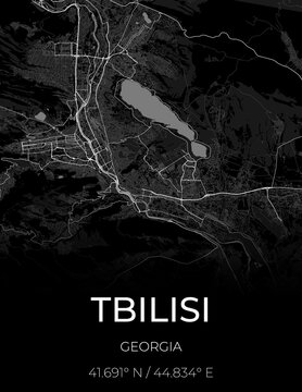 Black poster featuring a black and white map of Tbilisi, Georgia, with streets, districts and road network.