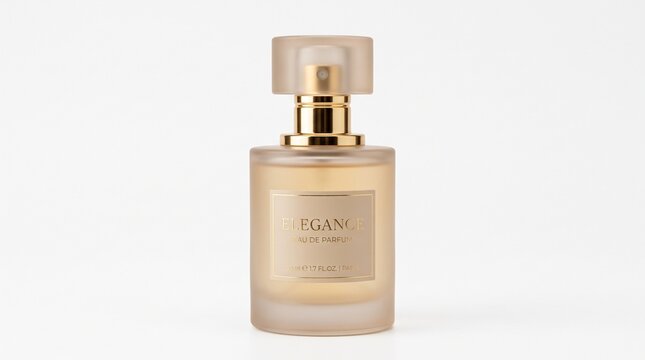 eau de parfum fragrance scent luxury elegance cosmetics beauty packaging container glass frosted transparent clear shiny metallic brass yellow amber cream neutral earthy warm