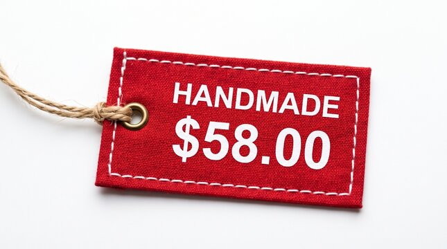 handmade cost dollar currency money amount value label text font white string twine rope cord fabric cloth textile canvas linen cotton border outline edge rectangle shape sign