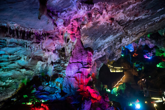 Colorful Cave Interior with Stalactites