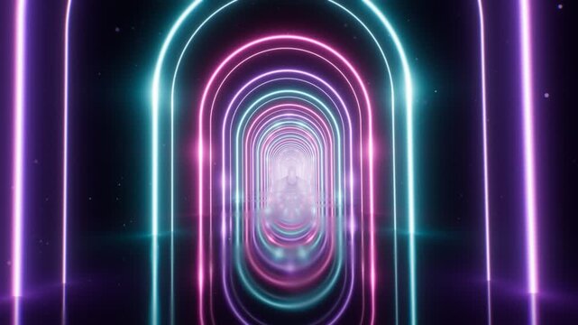 Glowing neon arch gateways in magenta violet and cyan receding over glossy black reflective floor 3d camera fly through seamless loop 4k