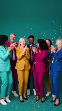 Group of diverse professionals celebrating with colorful confetti. Team success and corporate achievement concept in vertical video. Static medium shot.