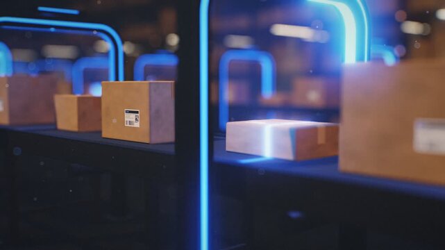 Matte kraft parcels on dark conveyor passing through glowing blue scanner arches