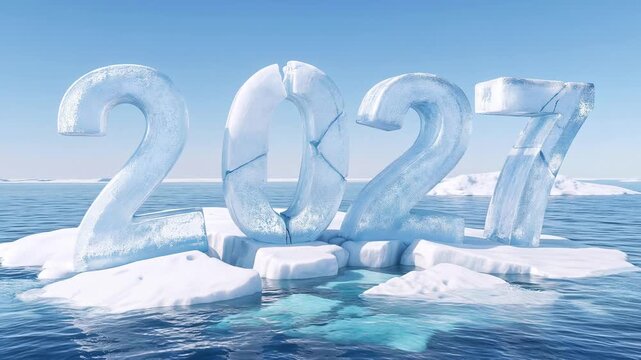 Frozen 2027 numbers floating on ice floes in arctic ocean. Global warming and climate change concept. Panning camera movement.
