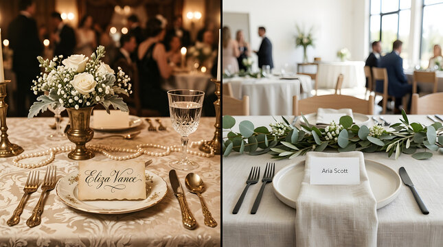 Elegant wedding table setting comparison between vintage and modern design