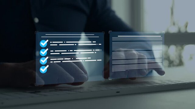 Online survey exam interface with completed questions and selected answers. Technology concept for digital assessment, student testing, research and education.	
