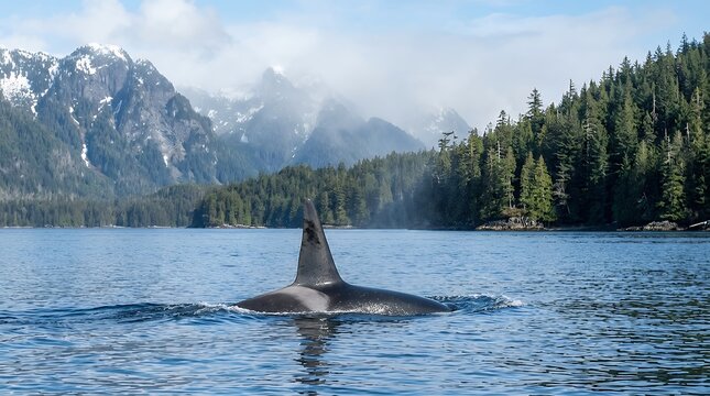 Majestic orca killer whale surfacing in cold coastal ocean waters during sunny day showing dorsal fin above tranquil blue sea with misty mountain landscape and lush evergreen forest background orca