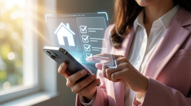 Pro woman uses smartphone for digital real estate management. Virtual interface shows house icon, property inspection checklist. Female agent manages real estate portfolio, property valuation, rental