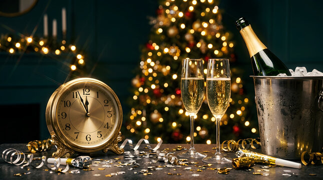 Festive New Year's Eve Table with Champagne, Vintage Clock at 5 Minutes to Midnight, and Bokeh Lights