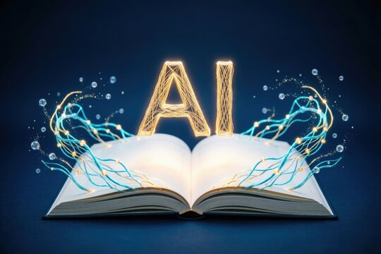 Un libro abierto del que surgen de sus p&aacute;ginas las letras AI; el papel se transforma en l&iacute;neas brillantes que conforman una red neuronal y en part&iacute;culas de datos que flotan