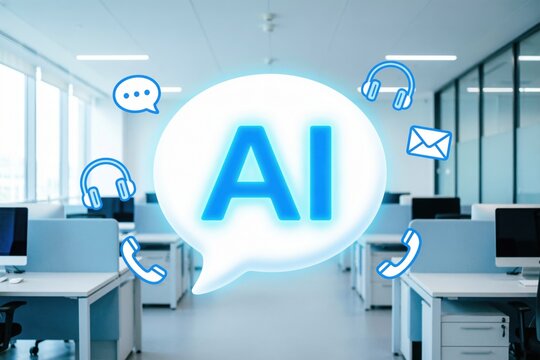 Las letras AI brillando dentro de un centro de atenci&oacute;n telef&oacute;nica moderno