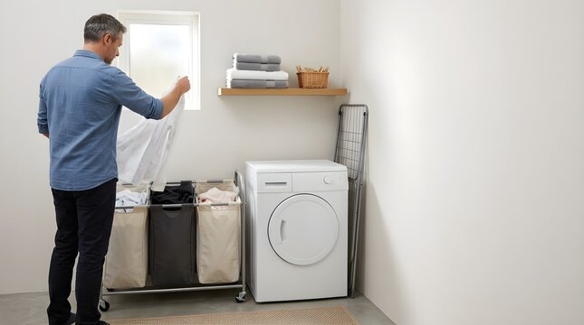 Man sorting laundry into three-section hamper in small laundry corner