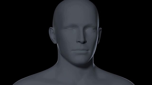 Gray 3D human head model with glowing light across half face on black background