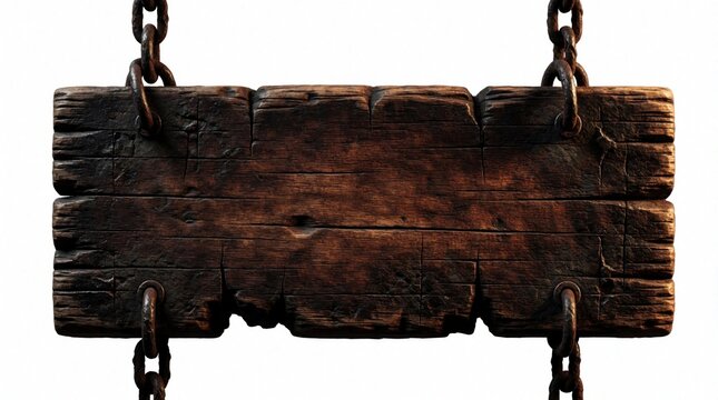 Old wooden sign hangs by heavy metal chains on white background. Ancient dark timber board with rustic texture used for blank banner empty signboard. Vintage plank hangs from iron links. Grunge wood