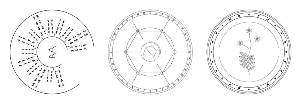 Three magic sigils with radial glyphs and botanical ornament