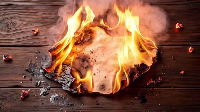 Destruction of confidential records as flames consume scorched parchment on dark wooden boards. High angle view with flickering flame and smoke.