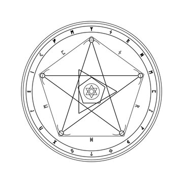 Pentagram magic circle with nested stars and runic border