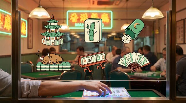 Lunar New Year mahjong game night concept, person shuffling mahjong tiles near pagoda, dice, ox and fan icons, Chinese New Year family gathering, traditional gaming and festive leisure