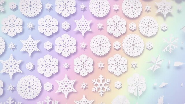 Paper snowflake pattern background, white cut paper snowflakes unfolding on iridescent pastel gradient