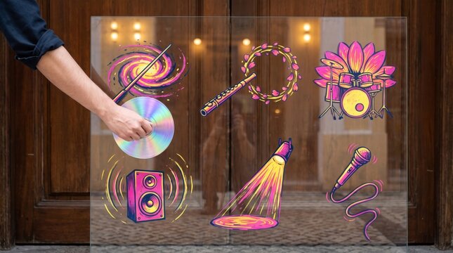 Lunar New Year music production concept, hands spinning glass disc with icons of galaxy spiral, flute, drums, microphone, speaker and spotlight, Chinese New Year concert and festival gala performance