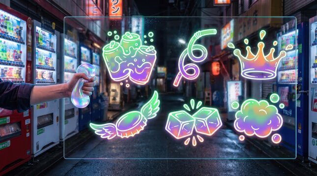 Lunar New Year festive drinks concept, hands squeezing holographic gel with icons of drink cans, straw, ice cubes, crown and bubbles, Chinese New Year party beverages and refreshing toast