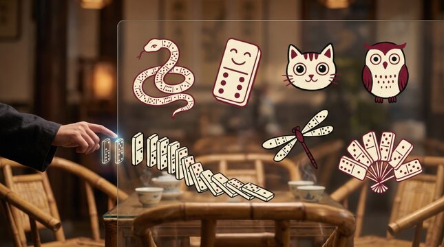 Lunar New Year zodiac animals concept, hands tapping domino panel with icons of snake, cat, owl and dragonfly, Chinese zodiac, traditional games and festive cultural heritage