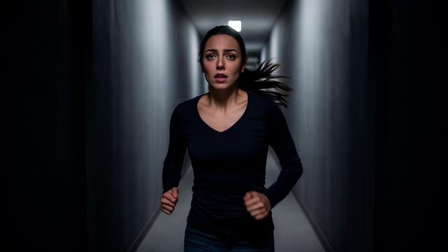 Panic and desperate escape driving a frightened young woman through a dim narrow hallway. Backward tracking shot following her frantic run.