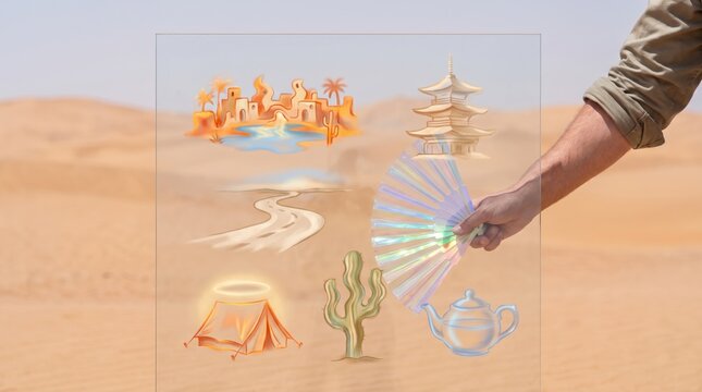 Lunar New Year pagoda in desert concept, hands touching glass with icons of desert town, pagoda, teapot, cactus and sand road, Chinese New Year festival elements and Silk Road travel