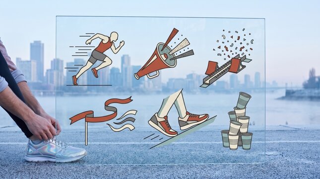 Lunar New Year fitness and resolution concept, hands tying running shoes with icons of runner, megaphone, trophy and cups, Chinese New Year marathon, sports motivation and healthy start